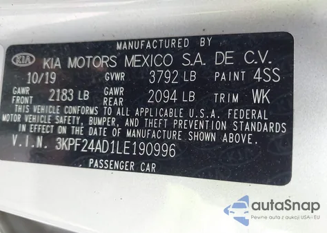 2020 Kia Forte Lxs из США, поврежденный, VIN 3KPF24AD1LE190996